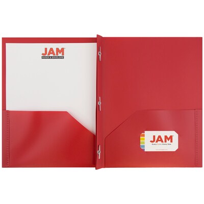 JAM Paper POP 2-Pocket Plastic Folders with Metal Prongs Fastener Clasps, Red, 6/Pack (382ECredd)