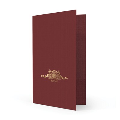 Custom Legal Two Pocket Presentation Folders, 9 x 14.5, Burgundy Linen 80#, 1 Standard Foil, 50/Pa