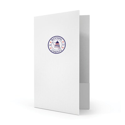 Custom Legal Two Pocket Presentation Folders, 9 x 14.5, White Smooth 110#, 2 Standard Inks, 50/Pac
