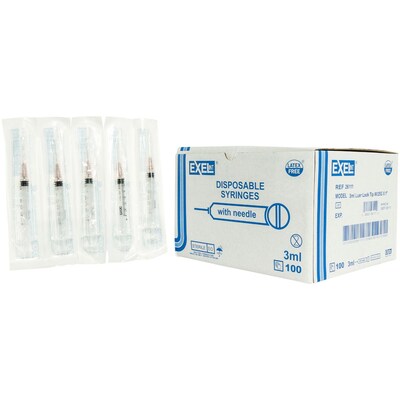 Exel Luer Lock 3cc Syringe with Needle 25G x 1, 100/Box (101356BX)