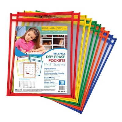 C-Line® Reusable Dry Erase Pockets, Assorted Primary Colors, 9 x 12, Pack of 10 (CLI40610)