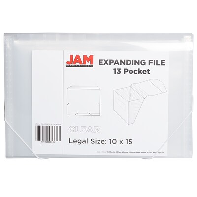 JAM Paper® 13 Pocket Plastic Expanding File, Accordion Folders, Legal Size, 10 x 15, Clear, Sold Individually (2167014)