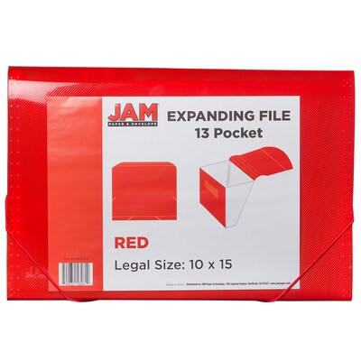 JAM Paper® 13 Pocket Plastic Expanding File, Accordion Folders, Legal Size, 10 x 15, Red, Sold Individually (419EX13RE)