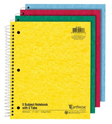 Oxford Earthwise Recycled 5-Subject Notebook, 8-1/2 x 11, College Ruled, 200 Sheets, Assorted Colors (25-161)