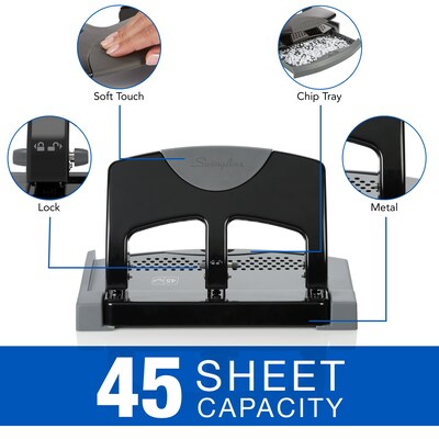 Swingline® SmartTouch™ Low Force 3-Hole Punch, 45 Sheet Capacity, Black/Gray (A7074136)