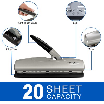 Swingline® LightTouch® High Capacity Desktop 2-7 Hole Punch, Low Force, 20 Sheet Capacity, Black/Silver (A7074030)