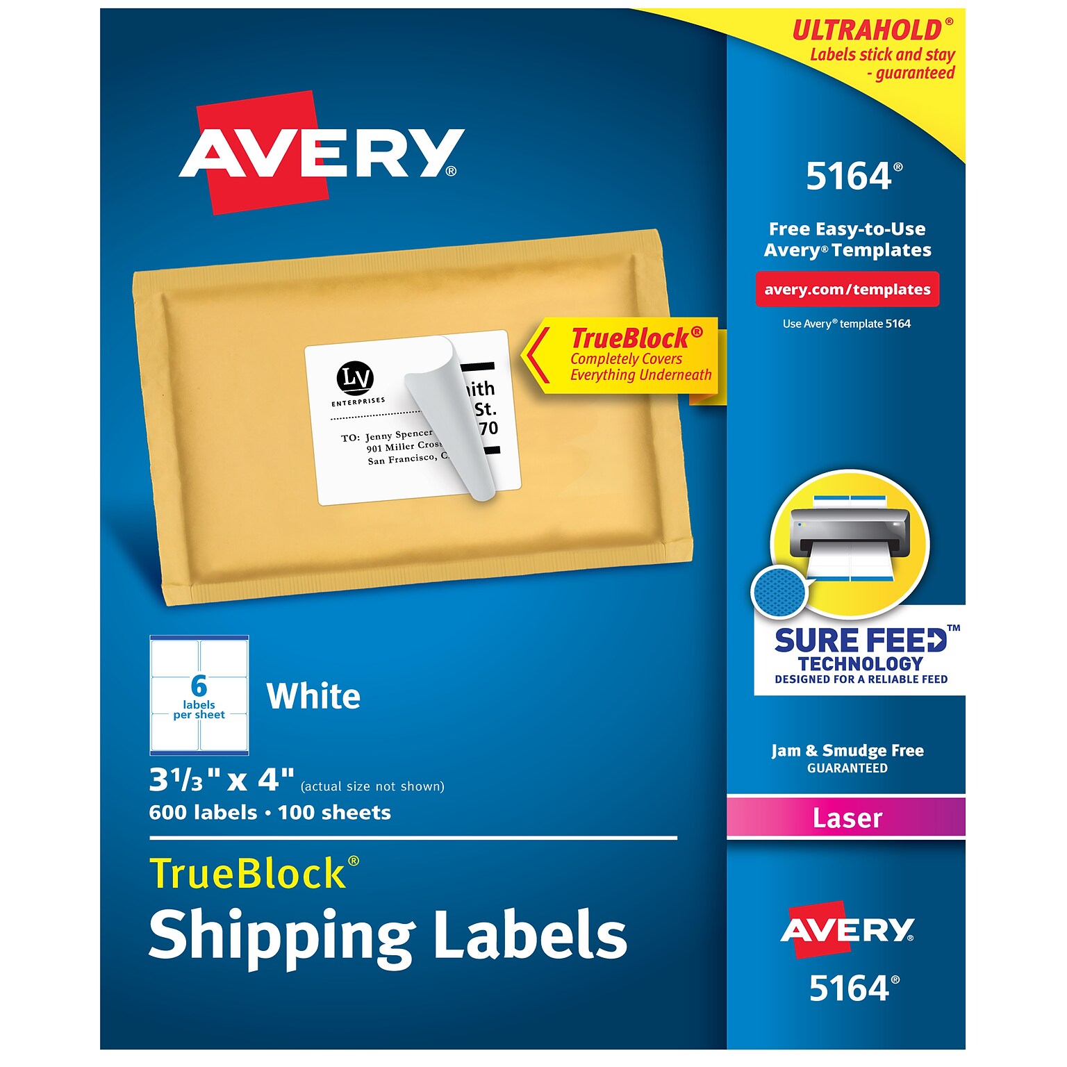 Avery TrueBlock Laser Shipping Labels, 3-1/3 x 4, White, 6 Labels/Sheet, 100 Sheets/Box (5164)