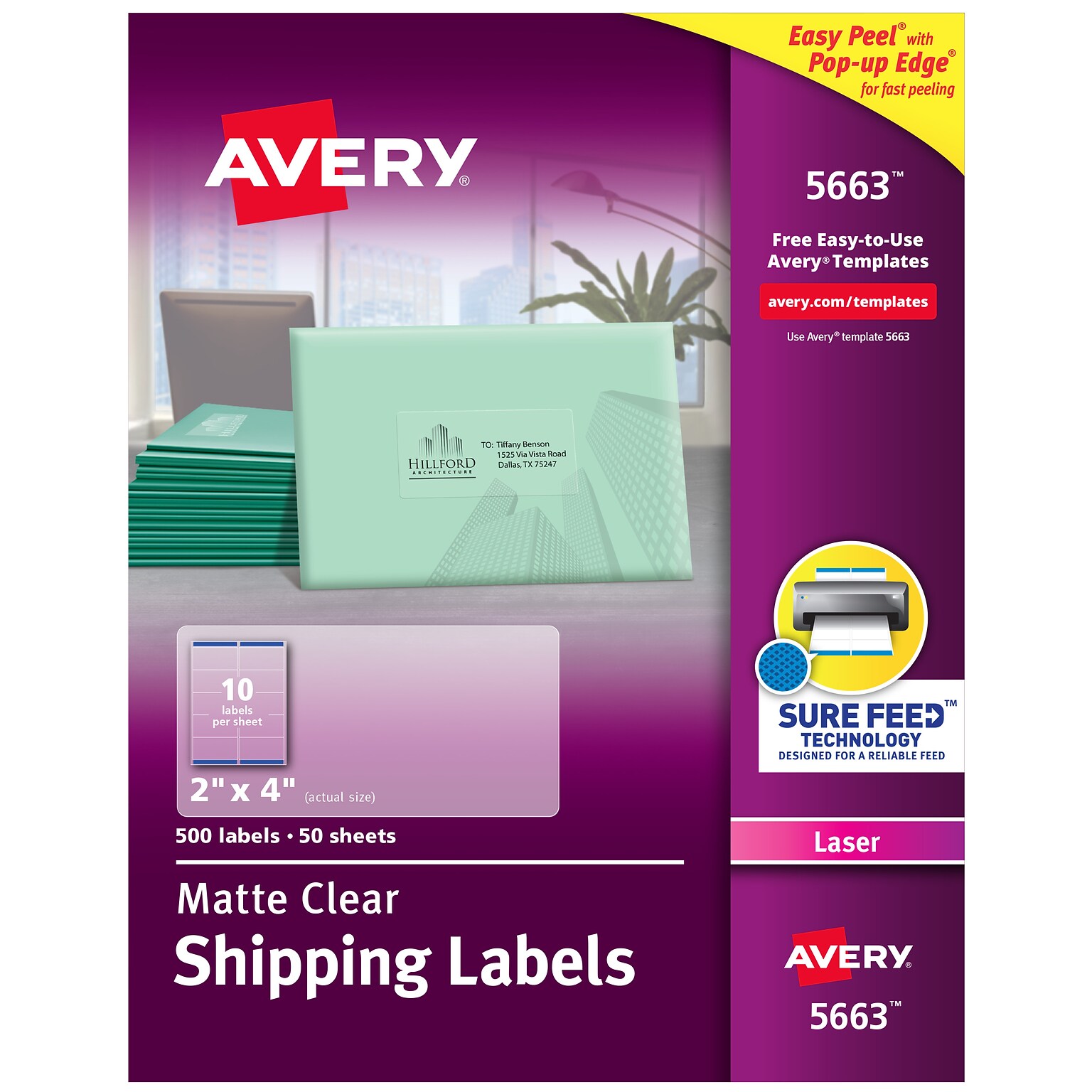 Avery Easy Peel Laser Shipping Labels, 2 x 4, Clear, 10 Labels/Sheet, 50 Sheets/Box (5663)