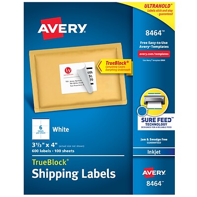 Avery TrueBlock Inkjet Shipping Labels, Sure Feed Technology, 3 1/3 x 4, White, 600 Labels Per Pack (8464)
