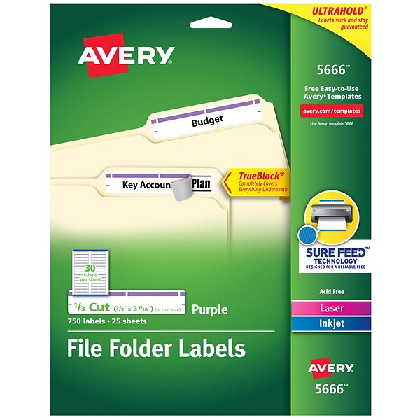 Avery TrueBlock Laser/Inkjet File Folder Labels, 2/3 x 3 7/16, Purple, 750 Labels Per Pack (5666)
