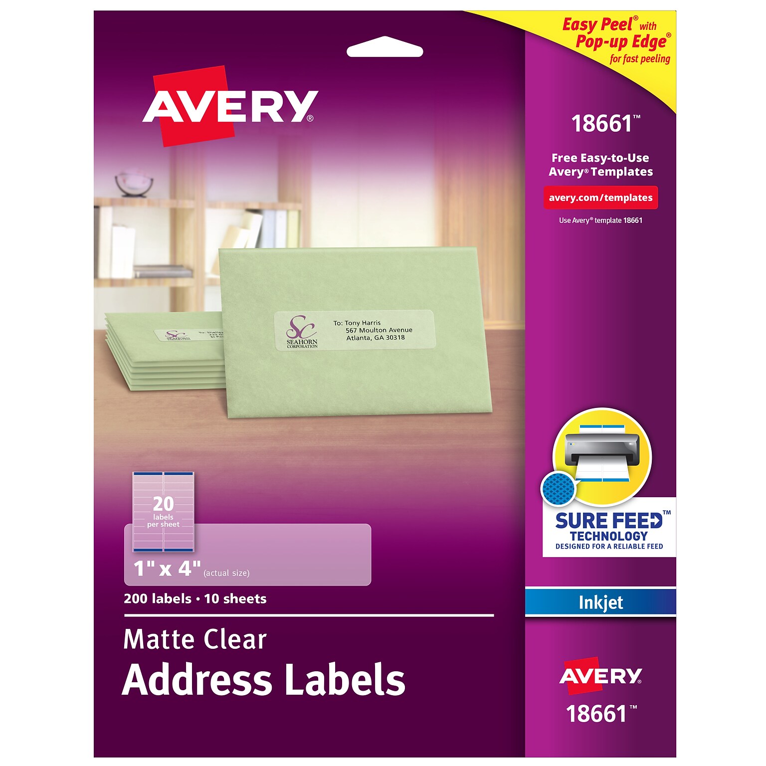 Avery Easy Peel Inkjet Address Labels, 1 x 4, Clear, 20 Labels/Sheet, 10 Sheets/Pack, 200 Labels/Pack (18661)