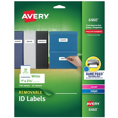 Avery Removable Inkjet/Laser Labels, 1 x 2 5/8, White, 750 Labels Per Pack (6460)