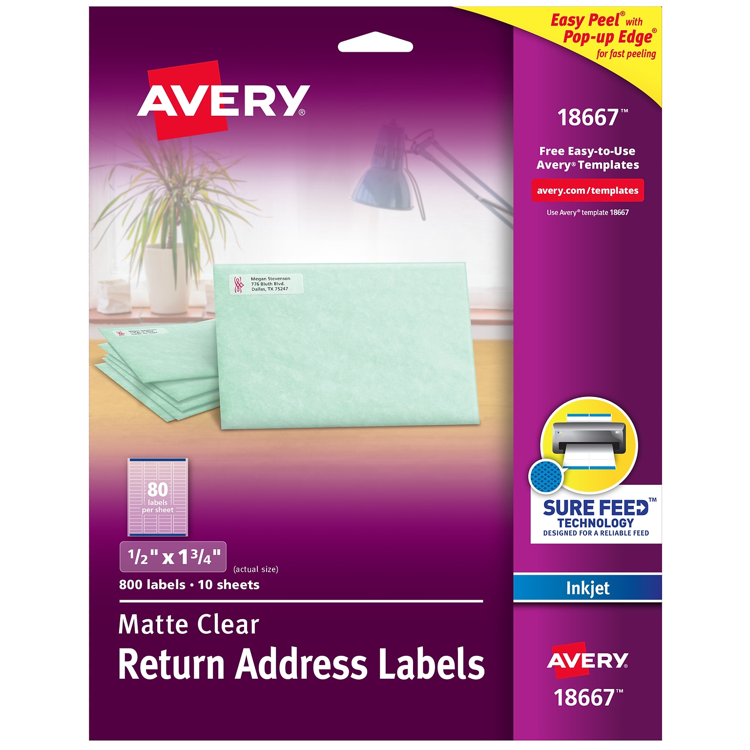 Avery Matte Clear Return Address Labels, Sure Feed Technology, Inkjet, 1/2 x 1-3/4, 800 Labels (18667)