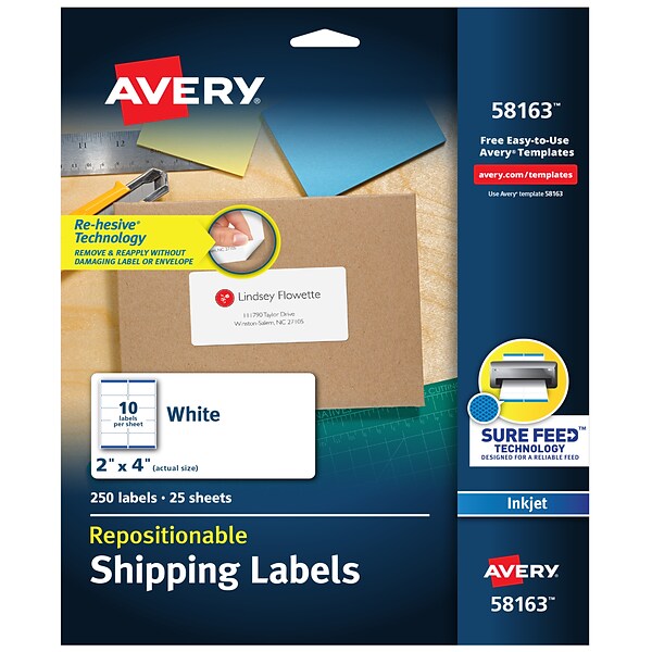 Avery Repositionable Inkjet Shipping Labels, 2 x 4, White, 10 Labels/Sheet, 100 Sheets/Box (58163)