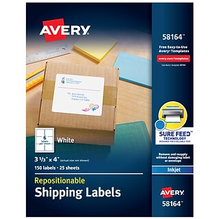 Avery Repositionable Inkjet Shipping Labels, Sure Feed Technology, 3 1/3 x 4, White, 6 Labels/Shee