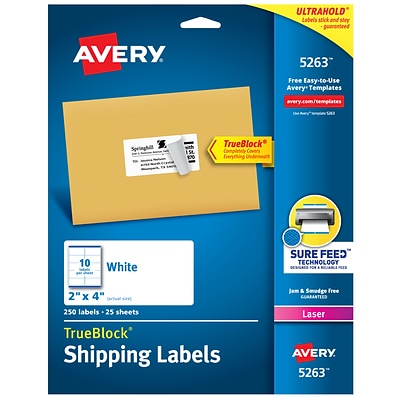 Avery TrueBlock Laser Shipping Labels, Sure Feed Technology, 2 x 4, White, 250 Labels Per Pack (05263)