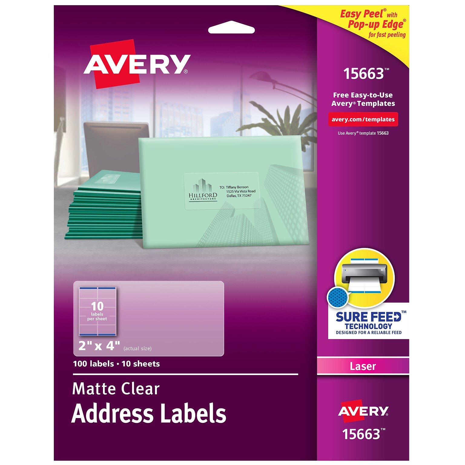 Avery Easy Peel Laser Shipping Labels, 2 x 4, Clear, 10 Labels/Sheet, 10 Sheets/Pack (15663)