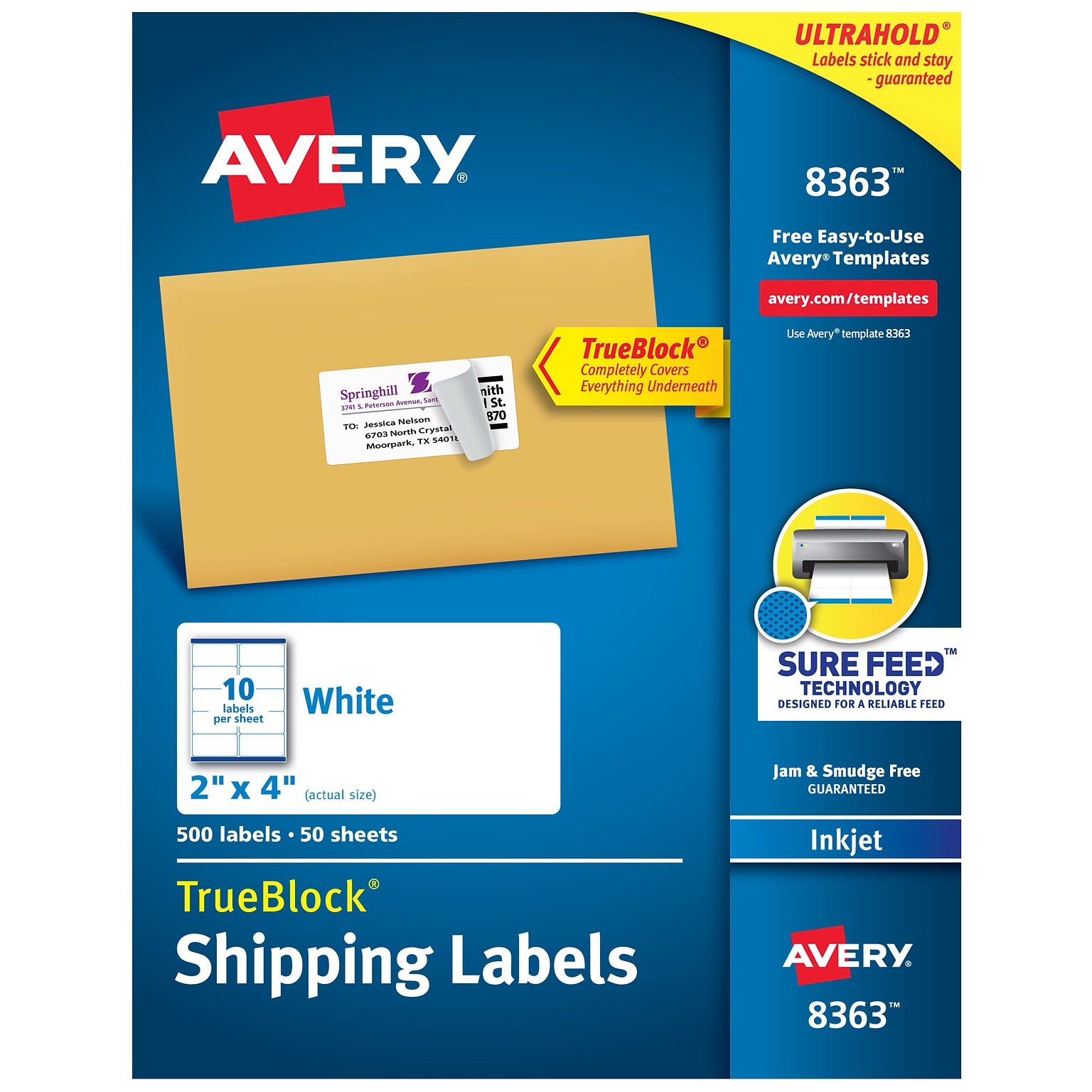 Avery TrueBlock Inkjet Shipping Labels, 2 x 4, White, 10 Labels/Sheet, 50 Sheets/Box (8363)