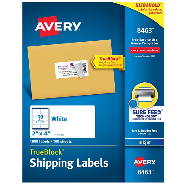 Avery TrueBlock Inkjet Shipping Labels, Sure Feed Technology, 2 x 4, White, 1000 Labels Per Pack (8463)