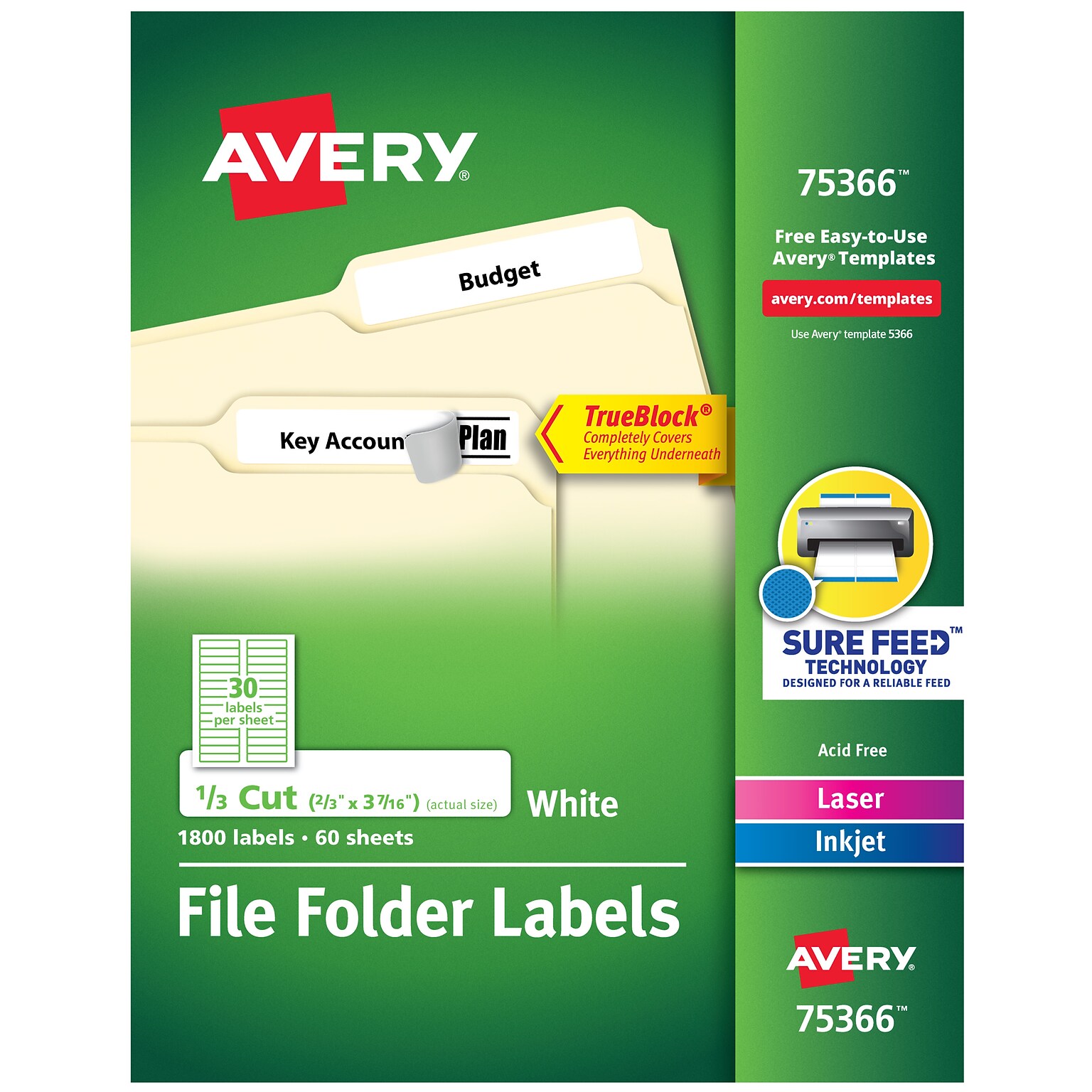 Avery Laser/Inkjet File Folder Labels, 2/3 x 3 7/16, White, 30/Sheet, 60 Sheets/Pack (75366)