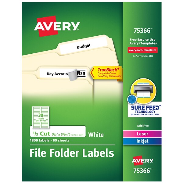 Avery Laser/Inkjet File Folder Labels, 2/3 x 3 7/16, White, 30/Sheet, 60 Sheets/Pack (75366)