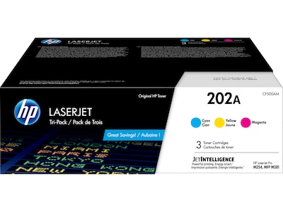 HP 202A Cyan/Magenta/Yellow Standard Yield Toner Cartridge, 3/Pack (CF500AM)