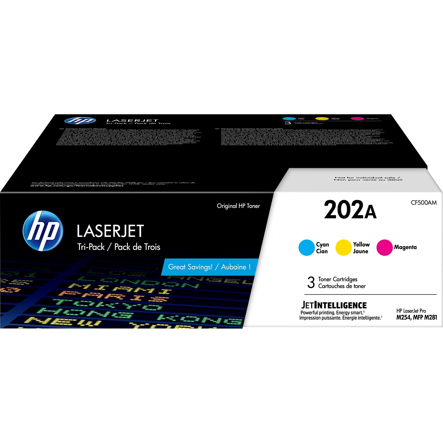 HP 202A Cyan/Magenta/Yellow Standard Yield Toner Cartridge, 3/Pack (CF500AM)