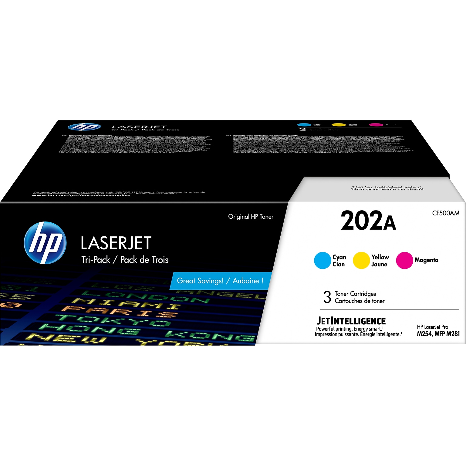 HP 202A Cyan/Magenta/Yellow Standard Yield Toner Cartridge, 3/Pack (CF500AM), print up to 1300 pages