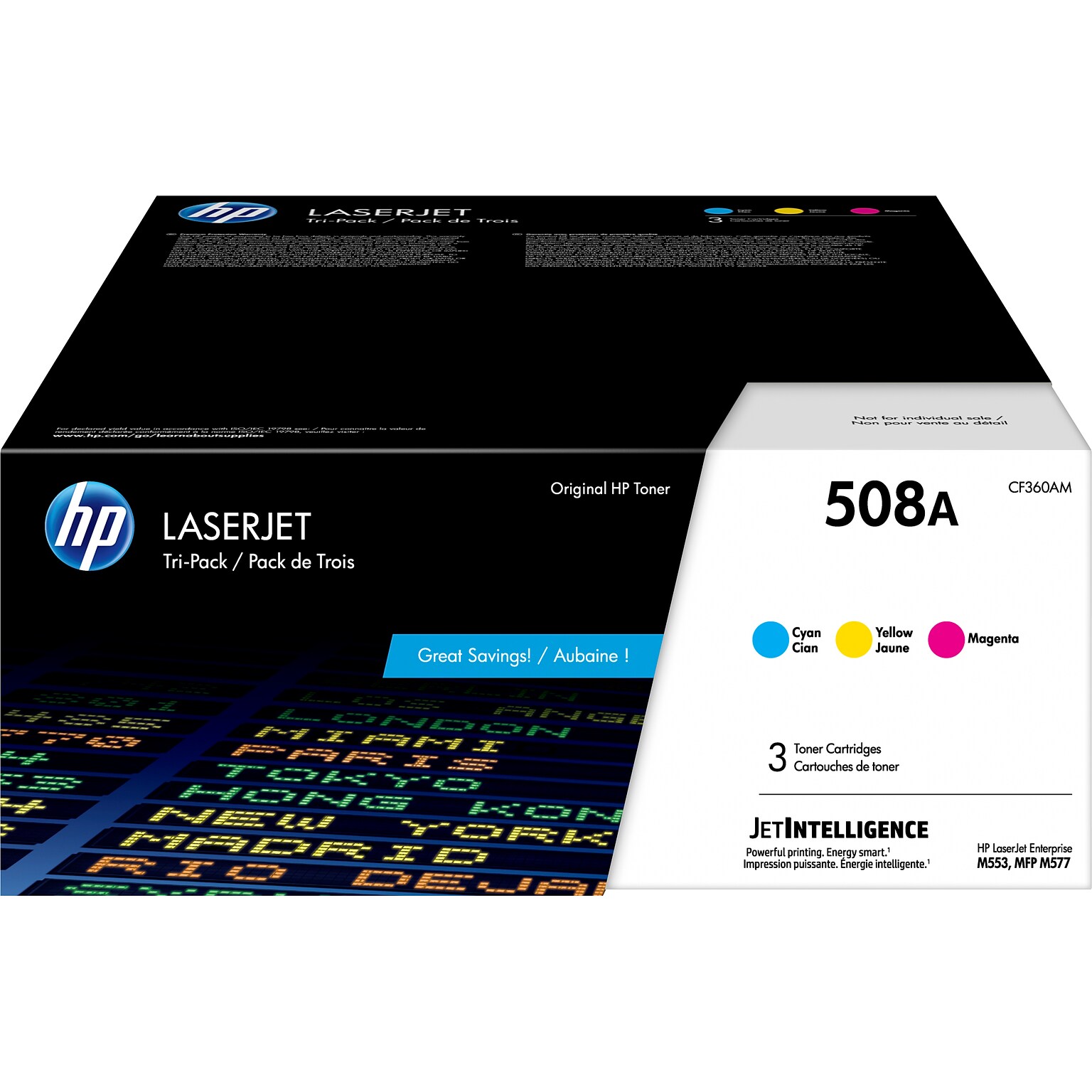 HP 508A Cyan/Magenta/Yellow Standard Yield Toner Cartridge, 3/Pack (CF360AM)
