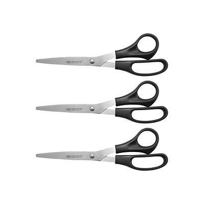 Westcott All Purpose 8 Stainless Steel Multipurpose Scissors, Pointed Tip, Black, 3/Pack (16907)
