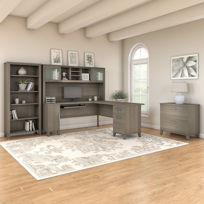 Bush Furniture Somerset 72"W L Shaped Desk with Hutch, Lateral File Cabinet and Bookcase, Ash Gray (SET012AG)