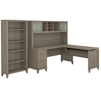 Bush Furniture Somerset 72W 3 Position Sit to Stand L Shaped Desk with Hutch and Bookcase, Ash Gray