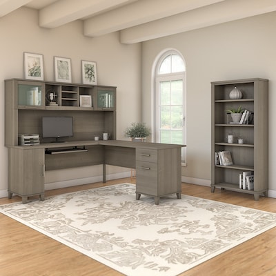 Bush Furniture Somerset 72"W L-Shaped Desk with Hutch and 5 Shelf Bookcase, Ash Gray (SET011AG)