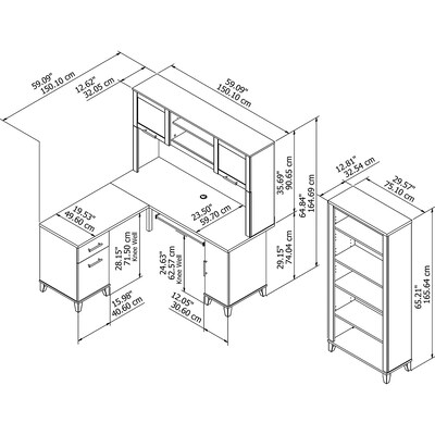 Bush Furniture Somerset 60"W L Shaped Desk with Hutch and 5 Shelf Bookcase, Ash Gray (SET010AG)