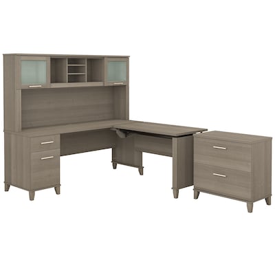 Bush Furniture Somerset 72W 3 Position Sit to Stand L Shaped Desk with Hutch and File Cabinet, Ash