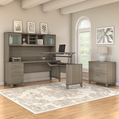 Bush Furniture Somerset 72"W 3 Position Sit to Stand L Shaped Desk with Hutch and File Cabinet, Ash Gray (SET016AG)