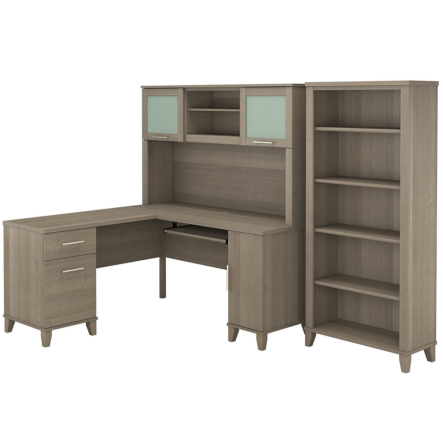 Bush Furniture Somerset 60W L Shaped Desk with Hutch and 5 Shelf Bookcase, Ash Gray (SET010AG)