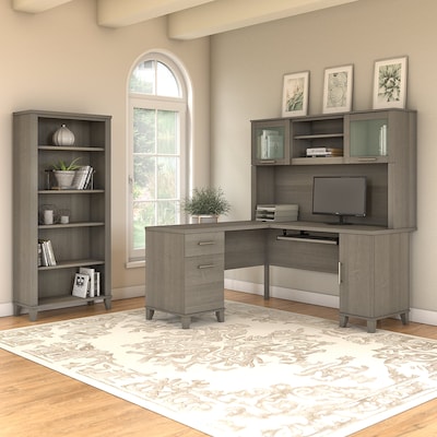 Bush Furniture Somerset 60"W L Shaped Desk with Hutch and 5 Shelf Bookcase, Ash Gray (SET010AG)