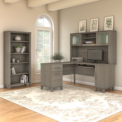 Bush Furniture Somerset 60W L Shaped Desk with Hutch and 5 Shelf Bookcase, Ash Gray (SET010AG)