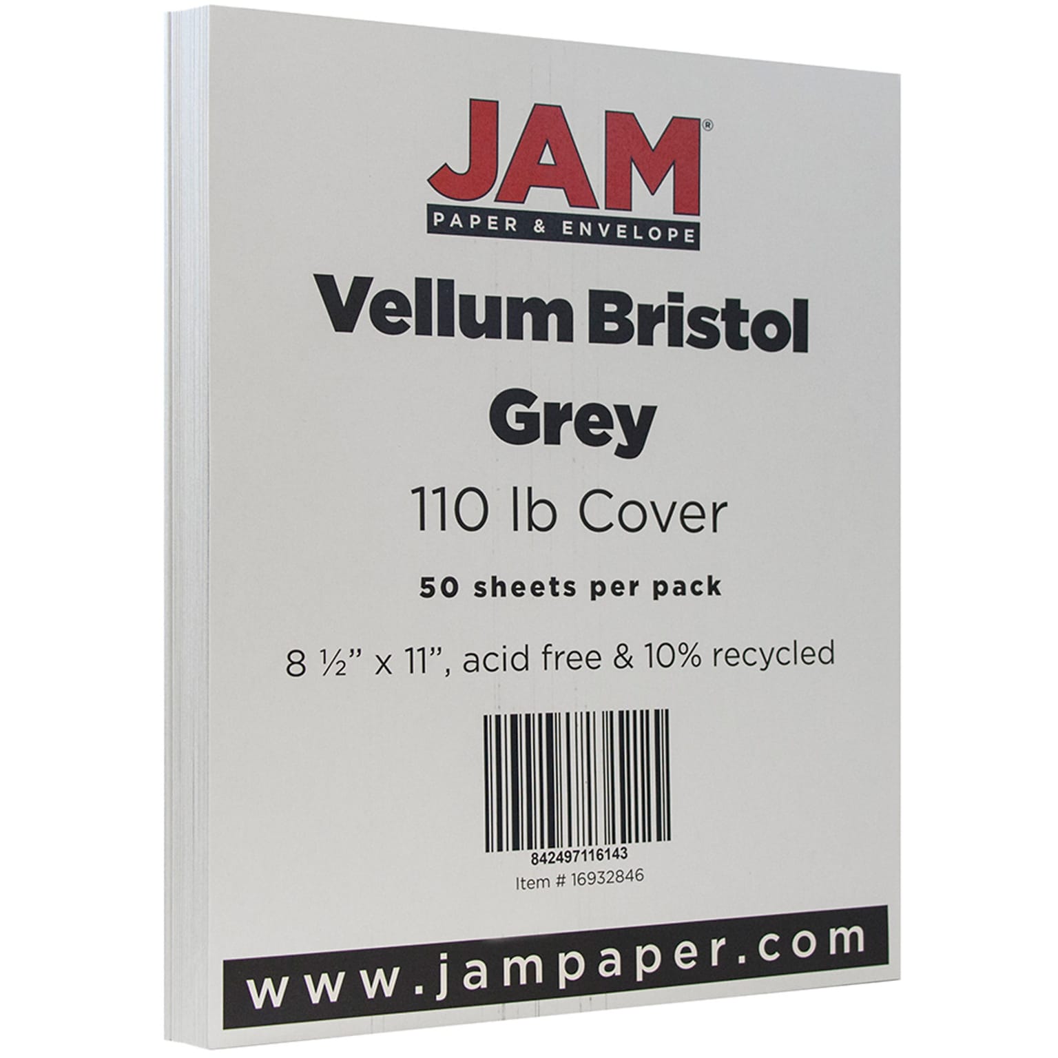 JAM Paper® Vellum Bristol 110lb Index Colored Cardstock, 8.5 x 11 Coverstock, Grey, 50 Sheets/Pack (16932846)