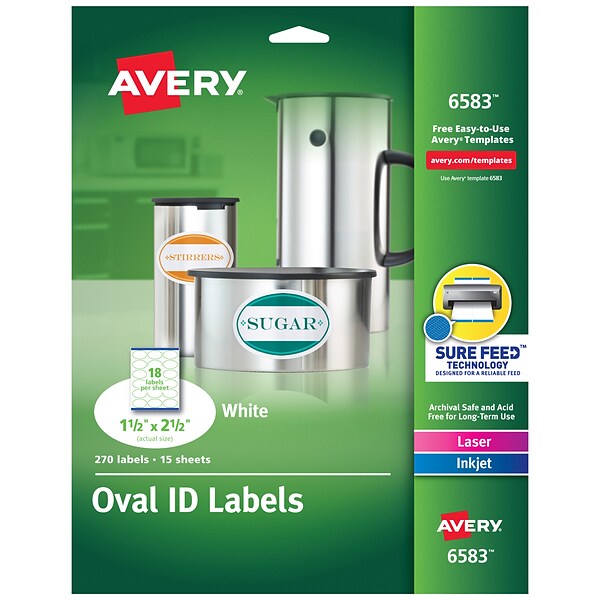 Avery Easy Peel Oval ID Labels, Sure Feed Technology, Print to the Edge, Permanent Adhesive, 1-1/2” x 2-1/2”, 270/Pack (6583)