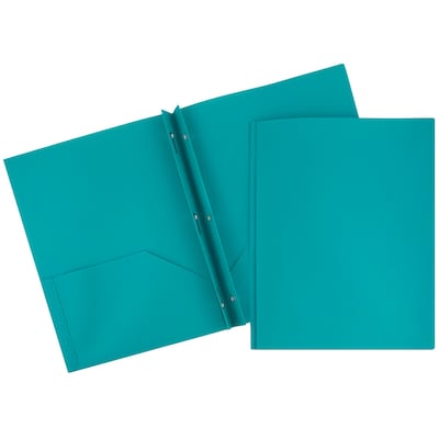 JAM Paper® Plastic Two-Pocket School POP Folders with Metal Prongs Fastener Clasps, Teal Blue, Bulk