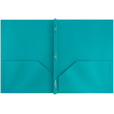 JAM Paper® Plastic Two-Pocket School POP Folders with Metal Prongs Fastener Clasps, Teal Blue, Bulk