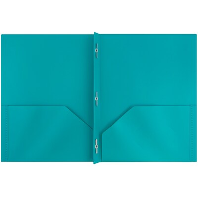 JAM Paper® Plastic Two-Pocket School POP Folders with Metal Prongs Fastener Clasps, Teal Blue, Bulk 96/Pack (382ECTED)