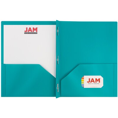 JAM Paper® Plastic Two-Pocket School POP Folders with Metal Prongs Fastener Clasps, Teal Blue, Bulk 96/Pack (382ECTED)