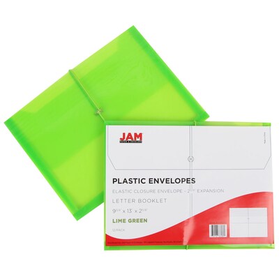 JAM Paper® Plastic Envelope with Elastic Band, 9.75 x 13 with 2.625 Inch Expansion, Lime Green, Sold Individually (218E25LI)