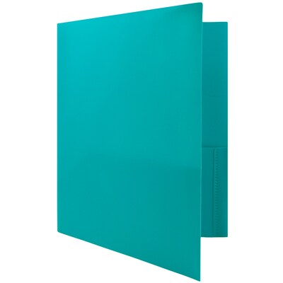 JAM Paper® Plastic Two-Pocket School POP Folders with Metal Prongs Fastener Clasps, Teal Blue, Bulk 96/Pack (382ECTED)