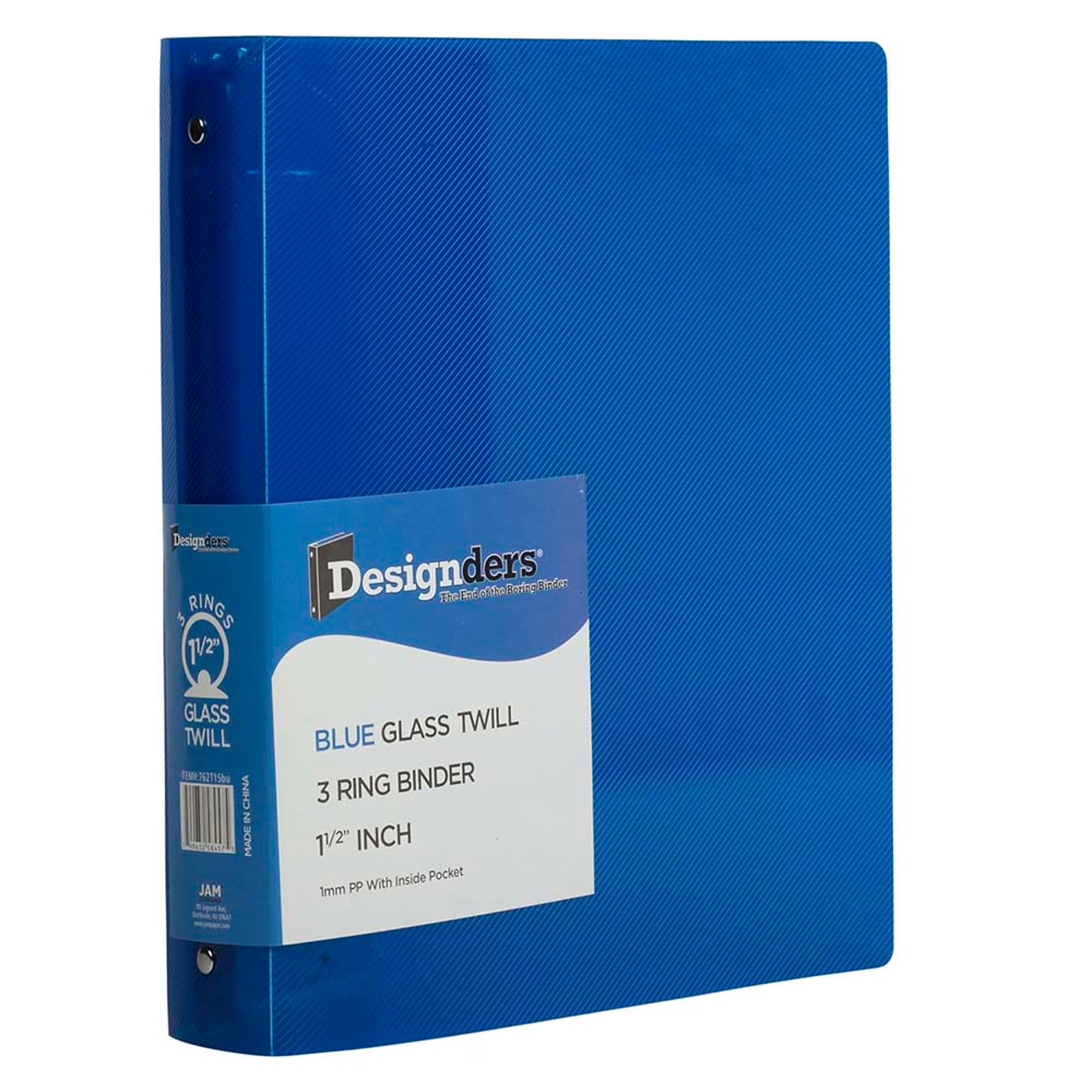 JAM Paper Heavy Duty 1 1/2 3-Ring Flexible Poly Binders, Blue Glass Twill (762T15BU)