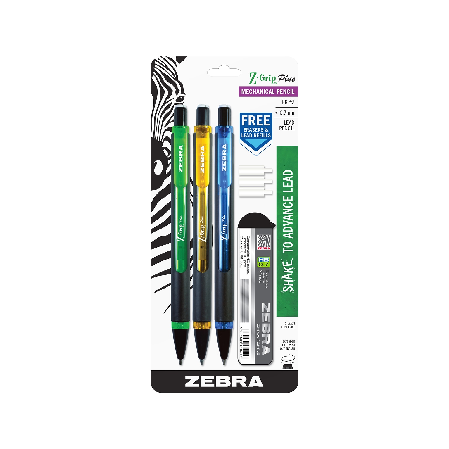 Zebra Z-Grip Plus Mechanical Pencil, 0.7mm, #2 Hard Lead, 3/Pack (55403)