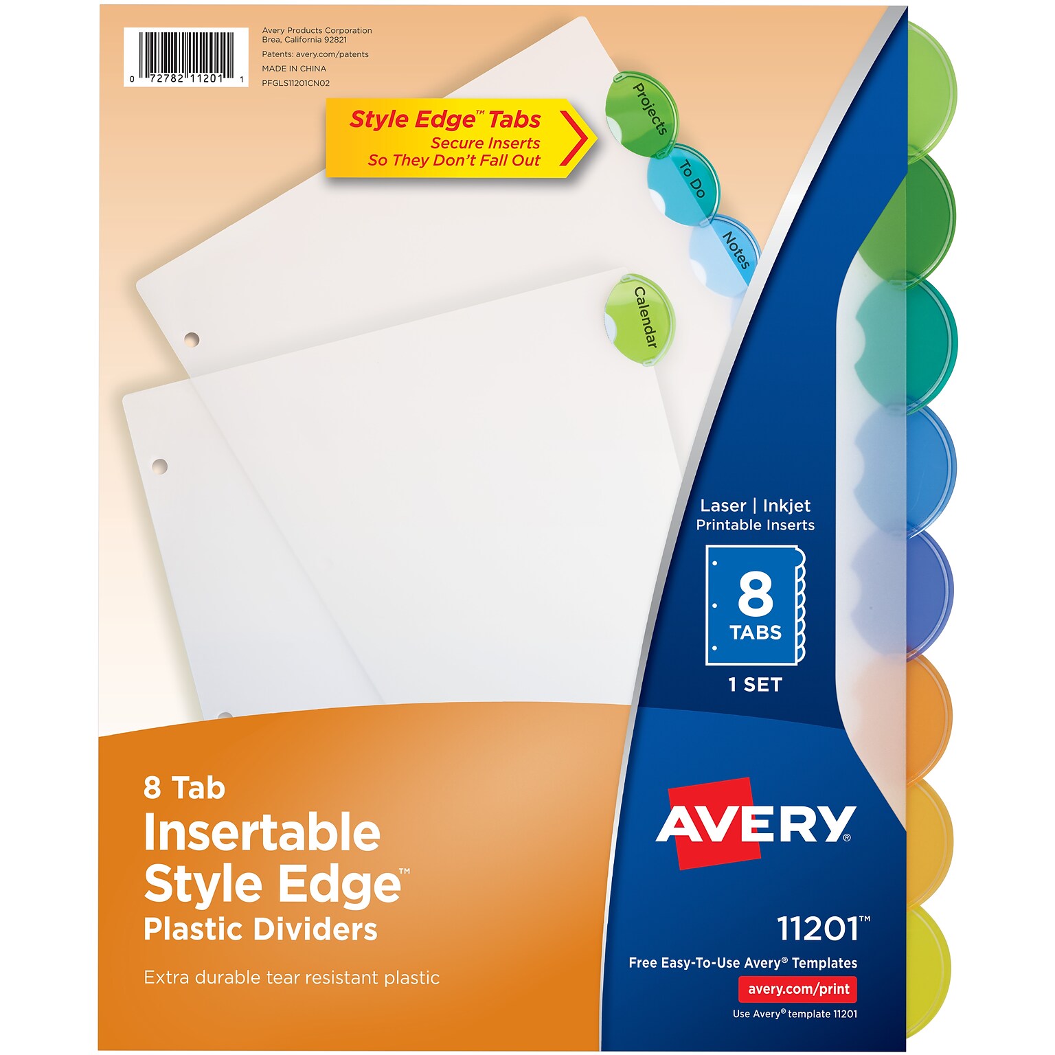 Avery Style Edge Insertable Plastic Dividers, 8 Tab, Multicolor (11201)